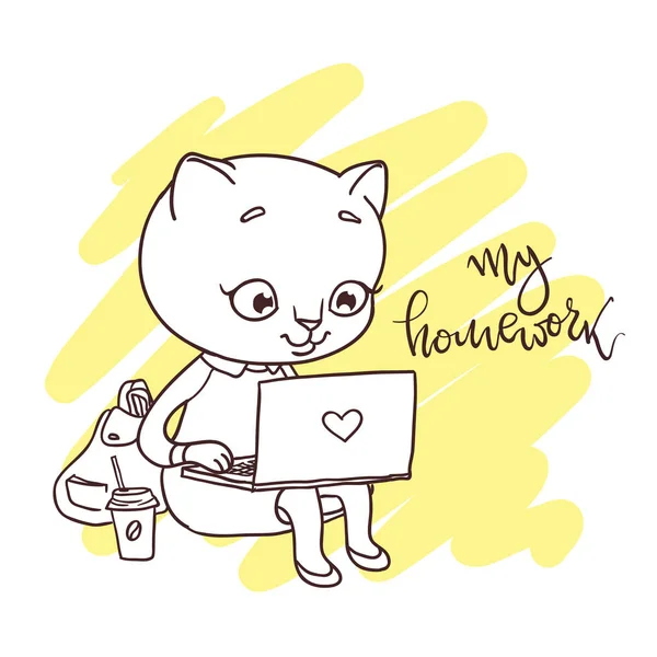 Χαριτωμένο γατάκι με φορητό υπολογιστή. Επιγραφή: το σπίτι μου. Χέρι con — Διανυσματικό Αρχείο