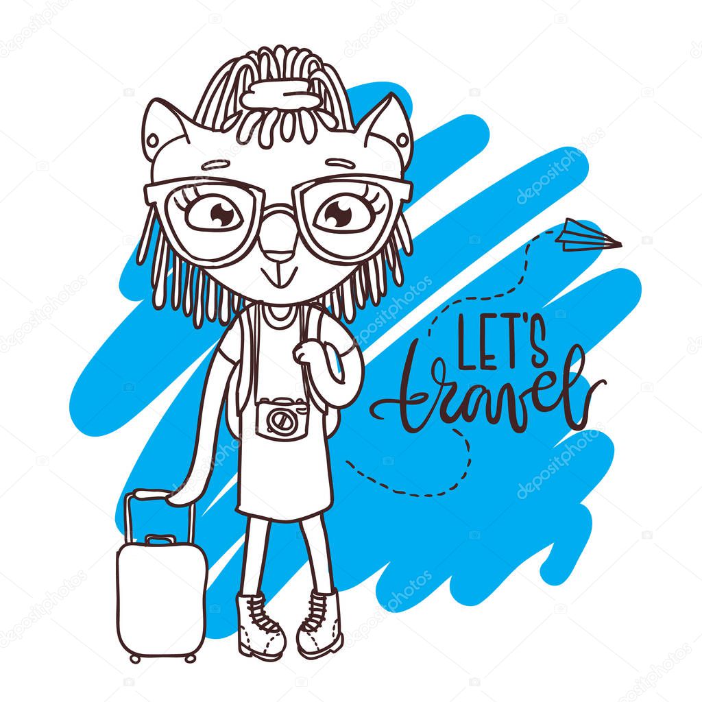 Cute little kitty in glasses with travel bag and camera. Inscrip