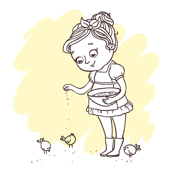 Χαριτωμένο κορίτσι με τα πουλιά — Διανυσματικό Αρχείο