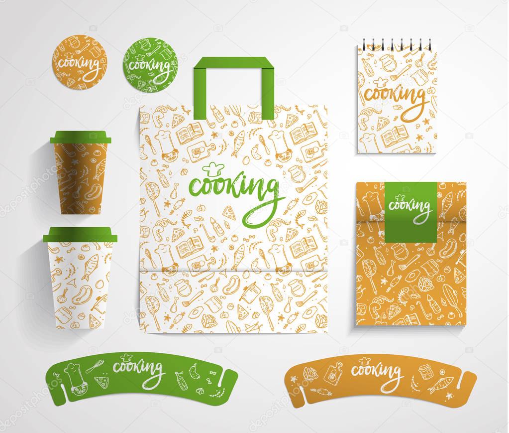 Home bakery identity design with food pattern, vector illustrati