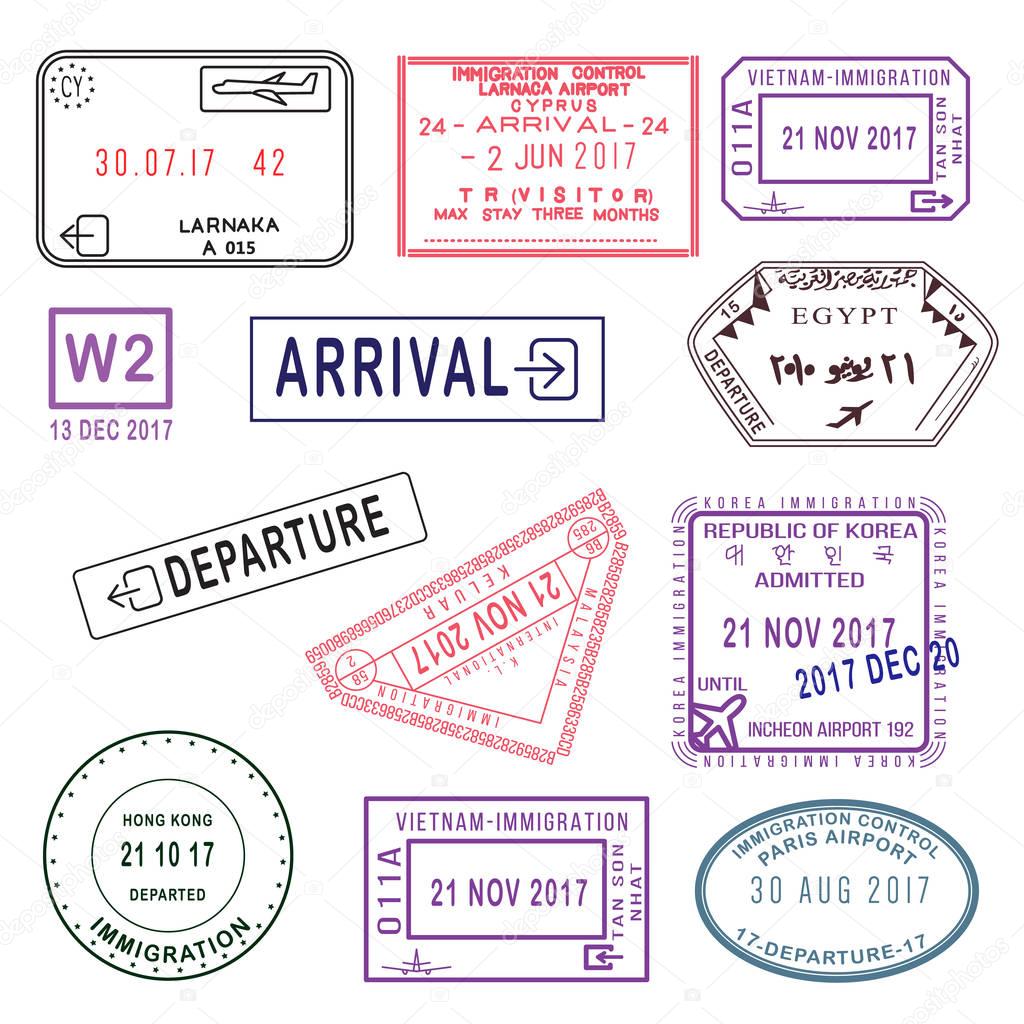 Big set of International travel visa stamps isolated on white. T