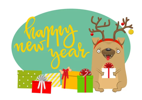 幸せな新年の犬。2018 年のシンボルです。D と素敵なパグ — ストックベクタ