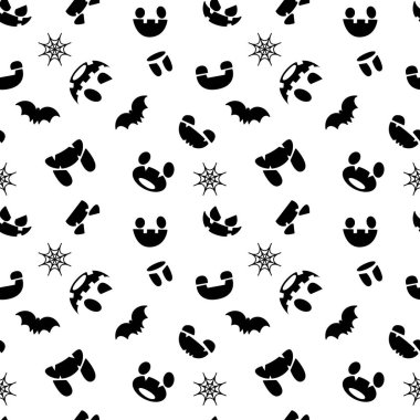 Cadılar Bayramı için şablon. Dikişsiz desen korkunç yüzler, yarasalar ve örümcek ağları.