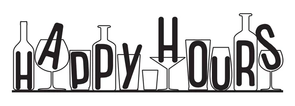 Silhouettes of glasses and bottles happy hours time. Vector black and white composition. — Stock Vector