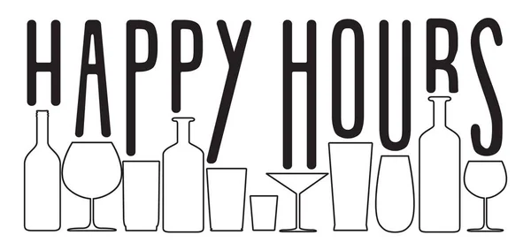 Happy hours big black vector text above empty glasses and bottles silhouette. Vector contour of beverages. — Stock Vector