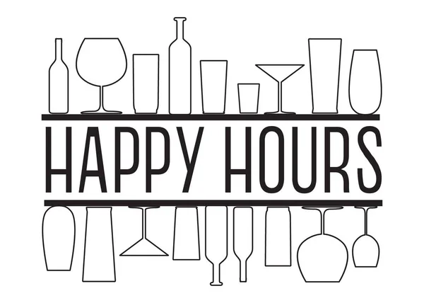 Happy Hour schwarz-weißer Vektortext mit Countdown-Gläsern und Flaschen auf den Thekenregalen. — Stockvektor