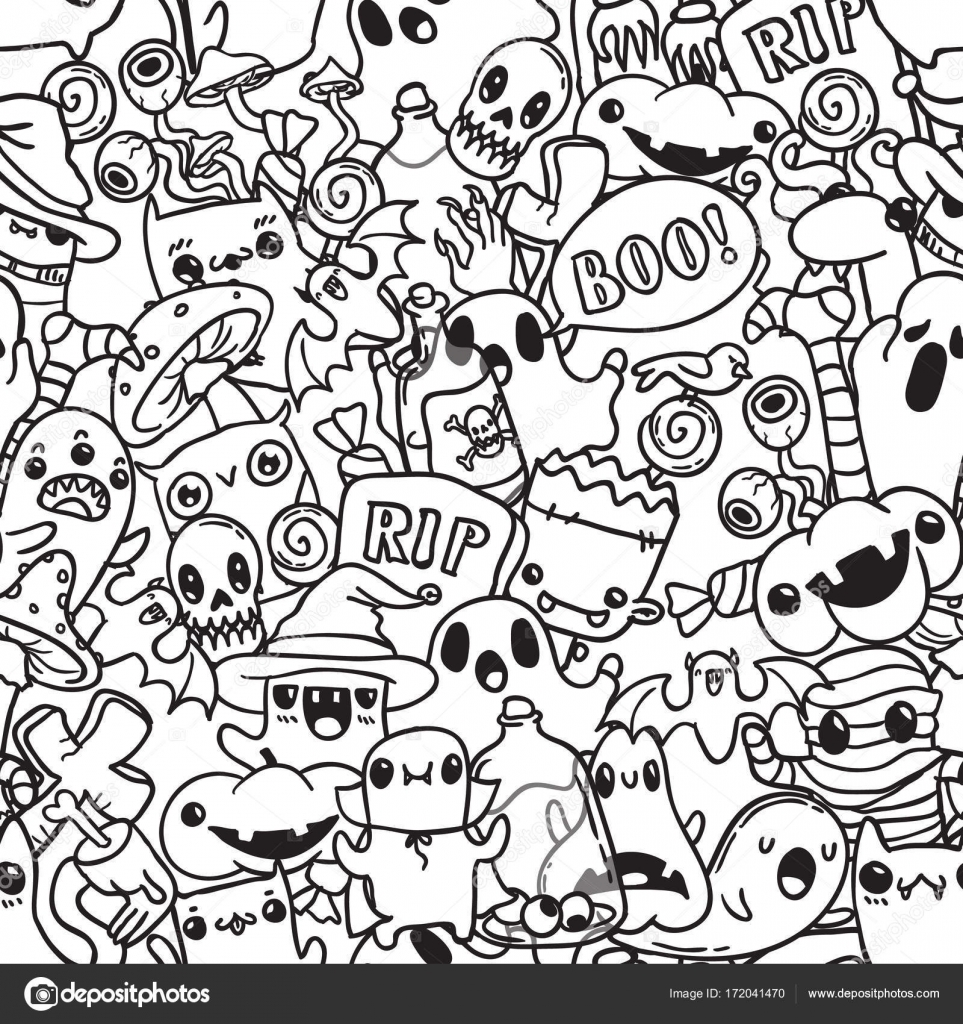 Conjunto doodle desenho mão desenhada halloween preto e branco