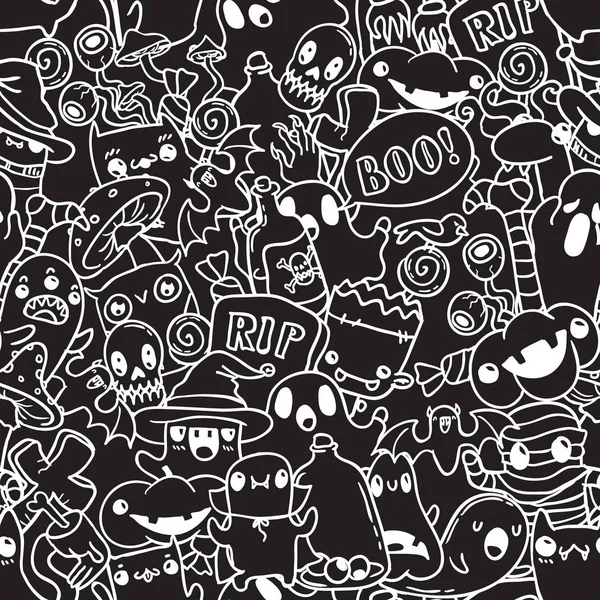 Halloween doodle background. White contour on black. Vector hand drawn pattern. — Stock Vector