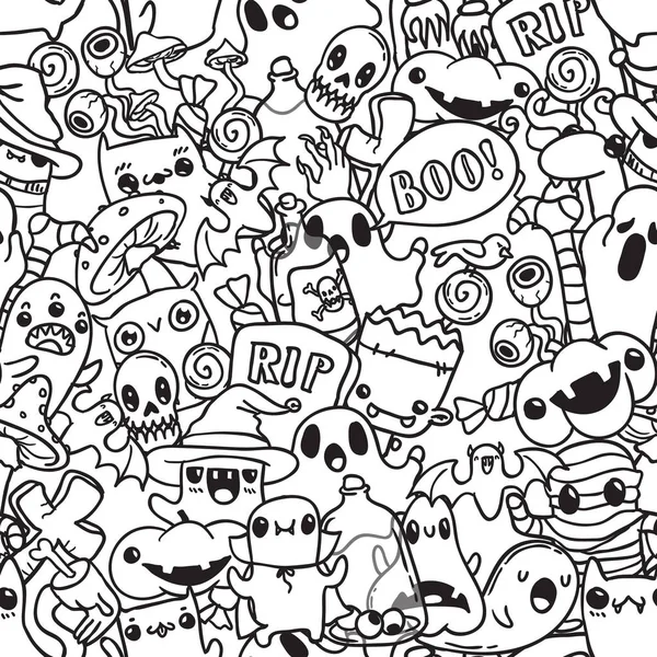 Halloween dessin animé dessin à la main motif doodle. Fond contour noir . — Image vectorielle