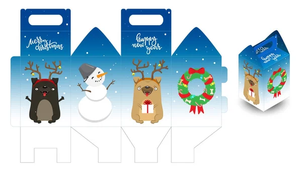装饰可打印新年礼品盒与快乐的狗, 雪人 — 图库矢量图片