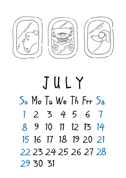 July page. Calendar 2018. Just dogs — Stock Vector