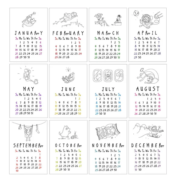 Calendario 2018. Doodle perros divertidos — Archivo Imágenes Vectoriales