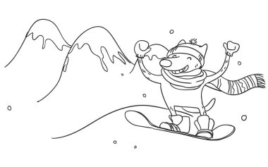 Komik köpek dağlarda snowboard yapıyor. Vektör kış spo