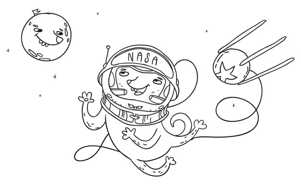 Söt kosmonaut hund i öppet utrymme pratar med hunden månen. Rolig vect — Stock vektor