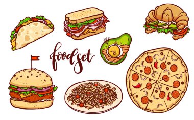 Farklı ülkelerden lokanta küme. İzole elle çizilmiş yemek illüstrasyon vektör.