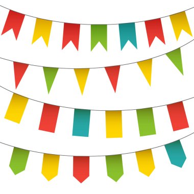 Dekoratif renkli bayrakları ve kiraz kuşu çelenk ayarlayın. Vektör izole karnaval öğeleri koleksiyonu.