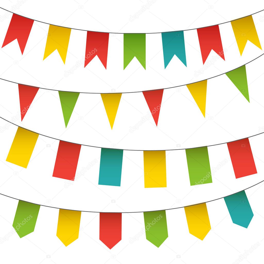 Decorative colorful flags and bunting garlands set. Vector isolated carnival elements collection.