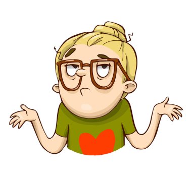 El çizilen çizgi emoji karakter bilmiyorum. Vektör çizgi film kız etiketi.