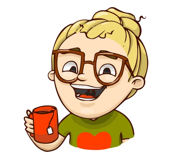 Menina sorridente feliz com xícara vermelha de chá. Vetor verdadeira história adesivo ilustração . —  Vetores de Stock