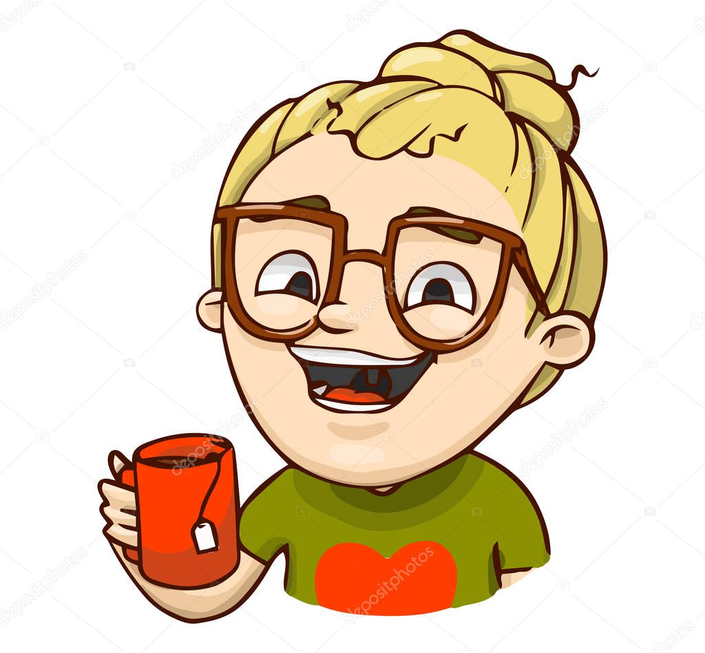 Happy smiling girl with red cup of tea. Vector true story sticker illustration.