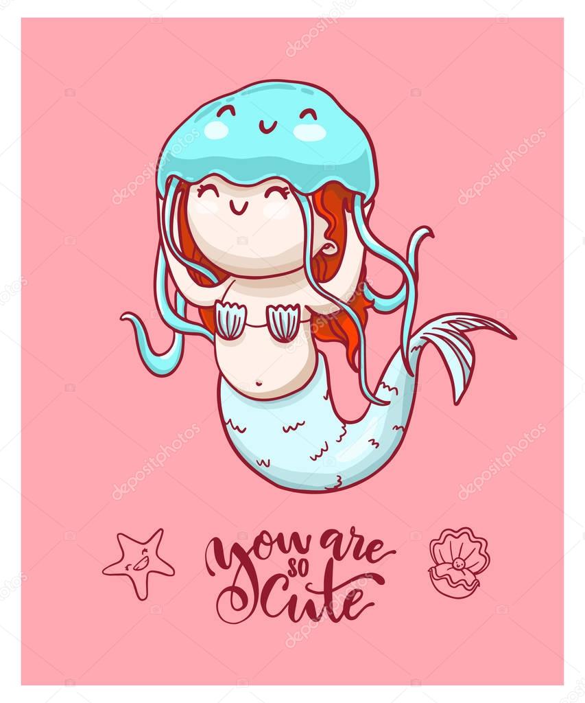 Cute mermaid with blue jellyfish and lettering. Vector colorful poster.