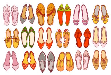 Kadın Ayakkabı ayarla. Vektör renkli kız ayakkabı koleksiyonu