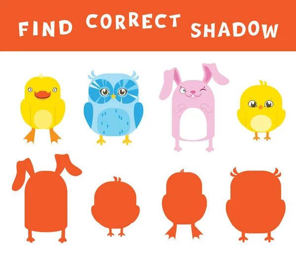 Encuentre la actividad correcta de aprendizaje en la sombra para niños. Juego de entretenimiento vectorial con animales — Vector de stock