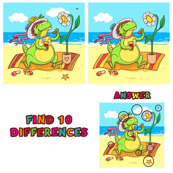 Найти десять отличий образовательной игры для детей. Векторное красочное занятие с крокодилом на пляже — стоковый вектор