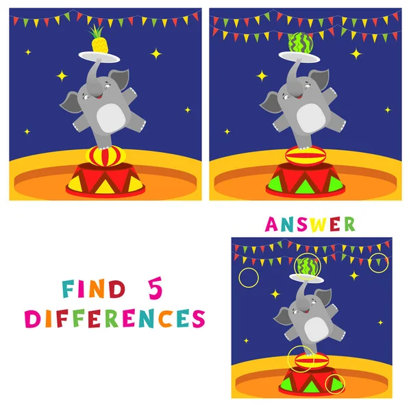 Encontrar cinco diferencias juego educativo para niños. Ilustración vectorial del elefante en circo — Vector de stock