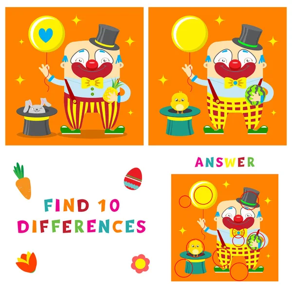 Palhaço engraçado de encontrar dez ilustrações diferenças. Vetor interessante e jogo de aprendizagem para crianças —  Vetores de Stock