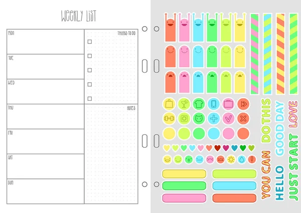 Modèle d'organisateur avec collection d'autocollants, étiquettes, bandes et éléments de design. Page imprimable vectorielle — Image vectorielle