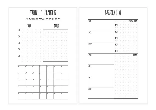 Planificador semanal, planner mensual imprimible páginas. Plantilla organizador vectorial — Archivo Imágenes Vectoriales