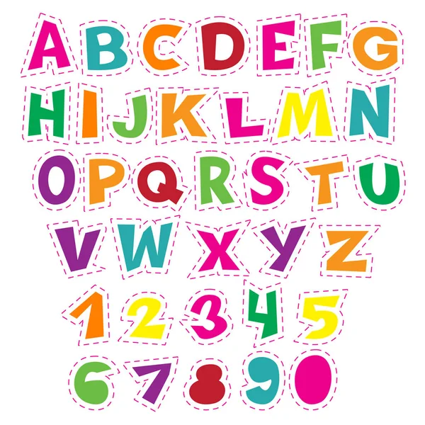 Красочный мультяшный алфавит для детей. Векторная образовательная коллекция букв и цифр — стоковый вектор