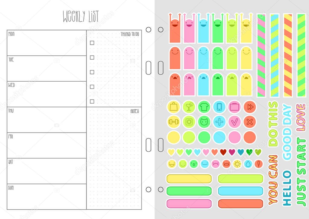 Organizer template with stickers, tags, strips and design elements collection. Vector printable page
