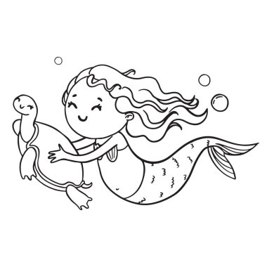 Deniz kızı ve kaplumbağa illüstrasyon kontur. Kitap sayfa boyama vektör