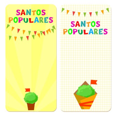 Santos Populares (popüler Saints) tatil şablon kartları. Vectorillustrations kiraz kuşu çelenk ve manjerico (fesleğen) bitkiler ile