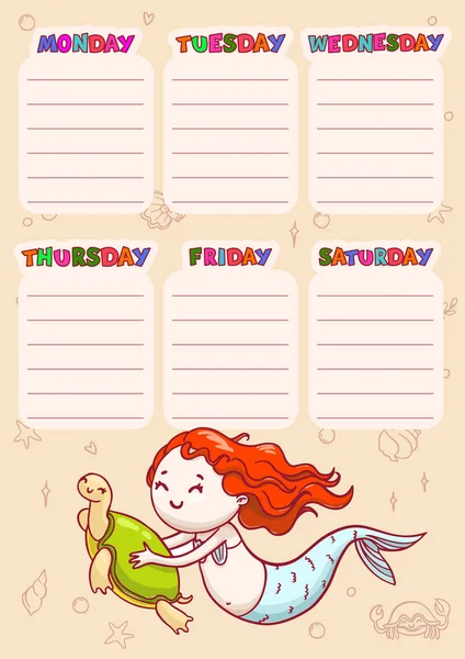 Timetable with days of weeks for school. Vector schedule for children with cartoon mermaid and turtle — Stock Vector