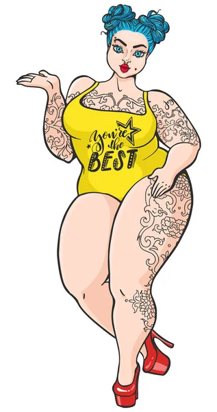 Curvy menina dos desenhos animados gordos em estilo de arte pop retro. Vetor isolado plus size mulher com tatuagens e cabelo azul —  Vetores de Stock