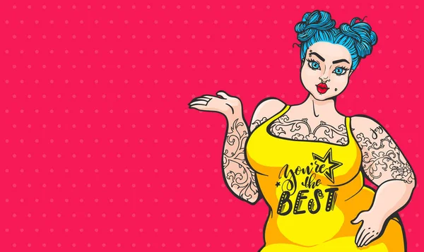 Além de tamanho mulher pop arte ilustração. Menina gordo elegante bonita no fundo rosa — Vetor de Stock