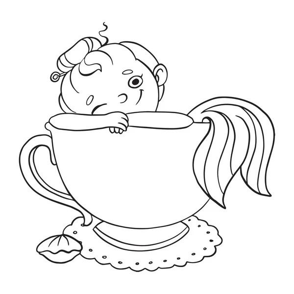 Vicces rajzfilm sellő egy csésze teát. Kontúr vektor-illusztráció színezés — Stock Vector