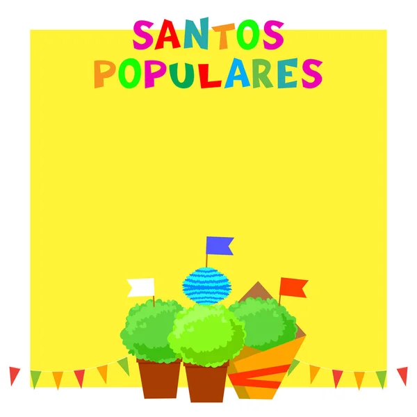 Bandera del festival Santos Populares Portugues con guirnaldas, banderas y plantas de manjerico — Vector de stock