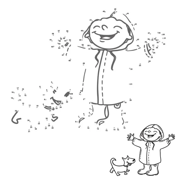 Свяжи точки. Числа игры для детей. Счастливая девочка и собака под дождем. Страница с раскраской — стоковый вектор