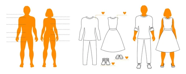 Modelo infográfico de silhuetas de homem e mulher com ponteiros e contorno de roupas. Layout isolado para compras —  Vetores de Stock