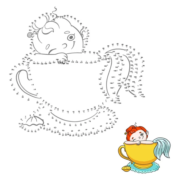 Nummer spel för barn. Ansluta prickar. Söt sjöjungfru i en kopp te illustration — Stock vektor