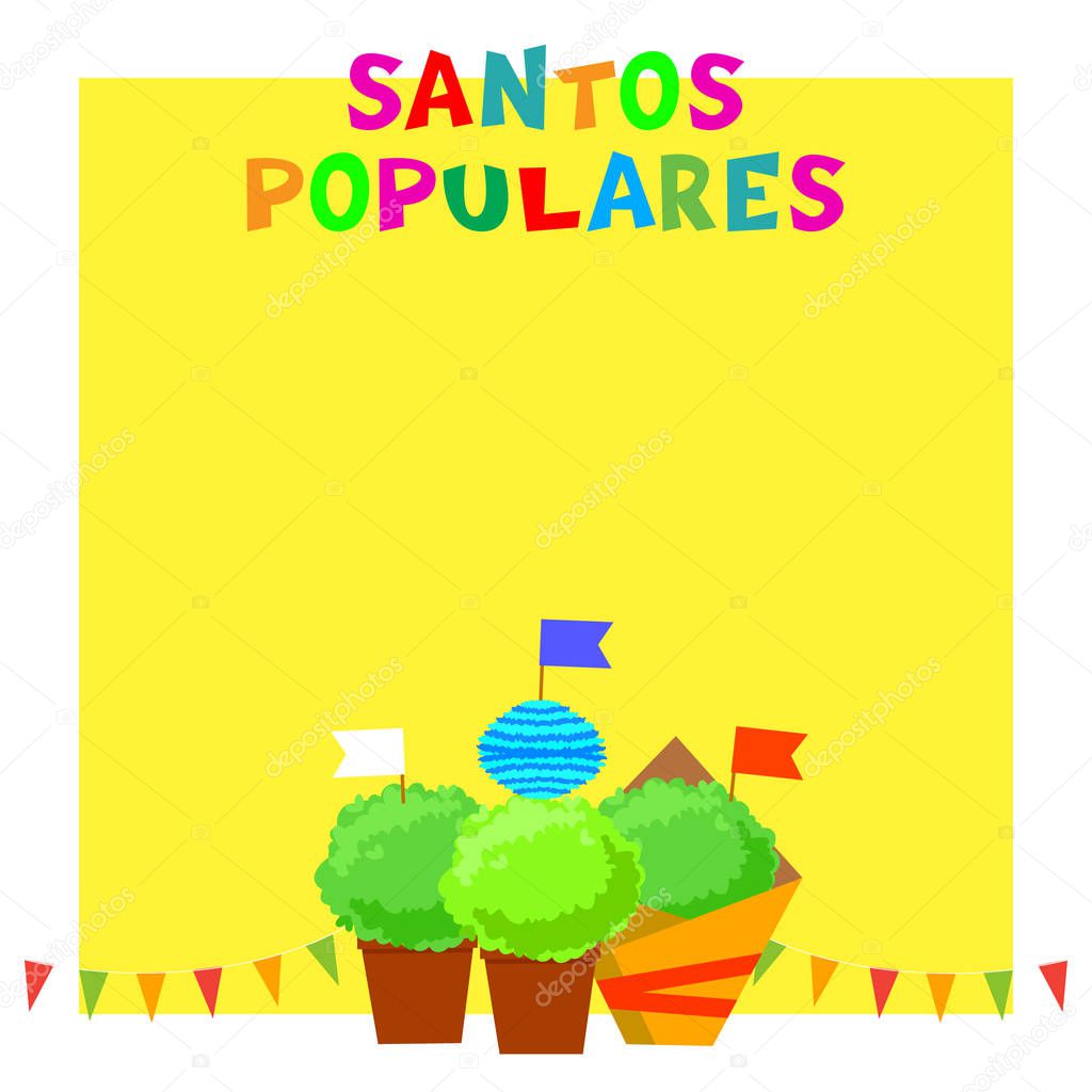 Santos Populares Portugues festival banner with bunting garlands, flags and manjerico plants