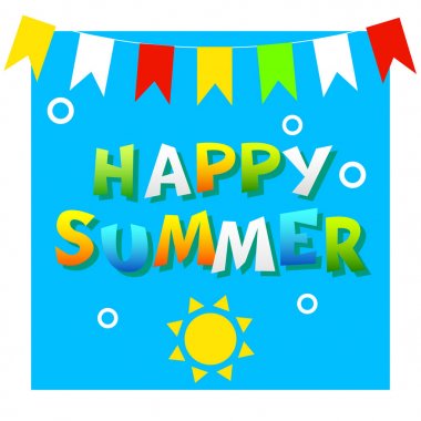 Mutlu yaz kiraz kuşu bayrakları ve güneş ile mavi arka plan üzerinde komik yazıt. Vektör renkli afiş