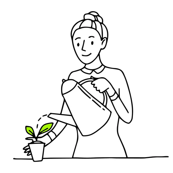 Woman is watering a plant in a pot from a watering can. Outline hand drawn sketch — Stock Vector