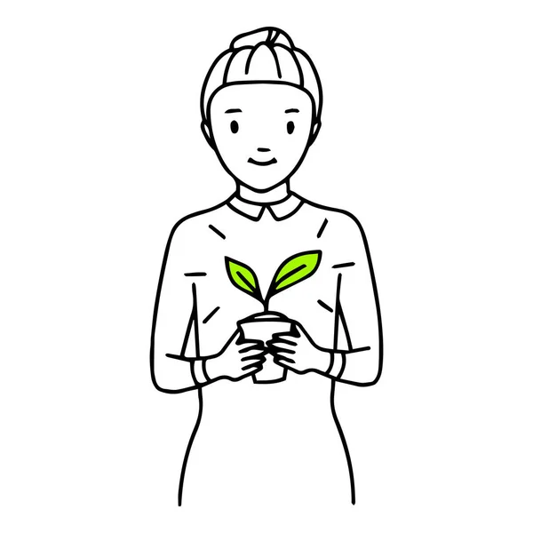 Woman with a plant in a pot in her hands. Hand drawn thin line art, hand drawn line — Stock Vector