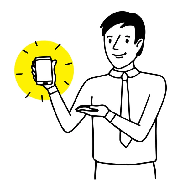 Muž drží a ukazující smartphone. Obrázek situace. Izolované vektorové kreslení — Stockový vektor