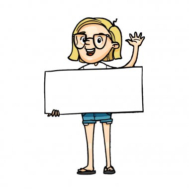 Bir Pano tutarak ve tebrik çizgi film kız gülümsüyor. İzole vektör elle çizilmiş karakter ile yazıt için boş beyaz bayrak